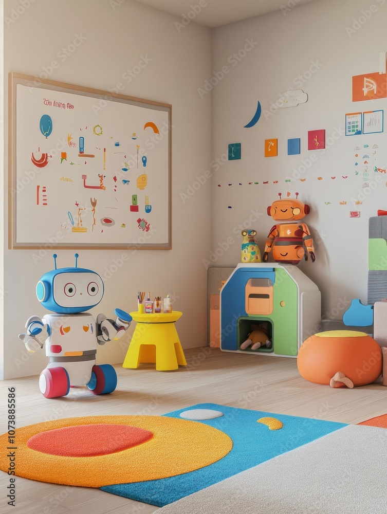 Aufkleber in a bright and inviting children's room, lively robot assistants interact with toys while promoting