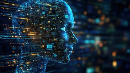 Futuristic Digital Illustration of an Artificial Intelligence Head Exuding Technological Advancement with a Rocket-Like Progression and Glowing Circuitry in a Virtual Abstract Background