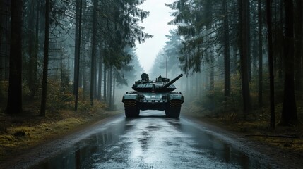 Front-Facing Shot of a Modern Tank Traversing a Wet Forest Path in Misty Atmospheric Conditions