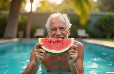 Joyful Senior Man Savoring Watermelon in Luxurious Sunset Pool. Gray-Haired Gentleman Embraces Summer Bliss During Golden Hour Swim.