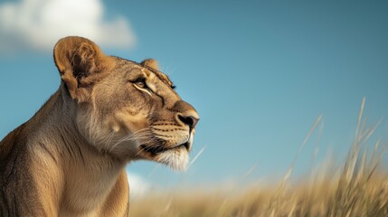 Majestic lioness on the savannah with blue sky background