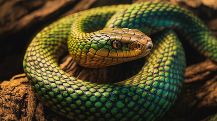 Fototapeta premium A green snake is curled up on a log