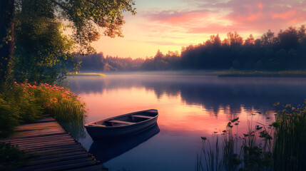 Serene sunset over a tranquil lake with a wooden pier and a lone fishing boat in a peaceful forest setting