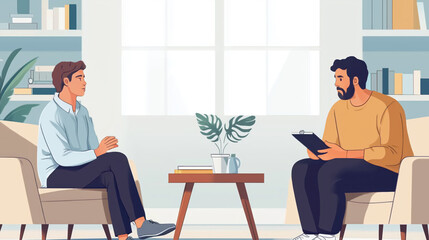 Therapist and Client Engaged in Counseling Session in a Calm and Inviting Office Environment with Modern Decor