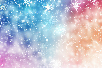 A vibrant winter background filled with delicate snowflakes and a soft gradient blend of blue, pink, and orange hues, evoking a joyful winter atmosphere