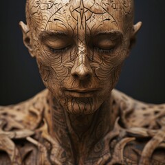 Intricate Wood Carved Face Art with Detailed Patterns and Mystical Design Elements