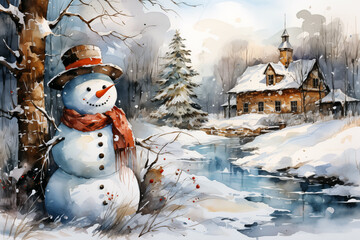 Charming winter scene with a snowman in a snowy forest near a rustic cabin by a frozen stream