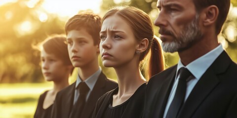 Obraz premium Sad Family at a Funeral on a Sunny Day Showing Grief and Loss Outdoors
