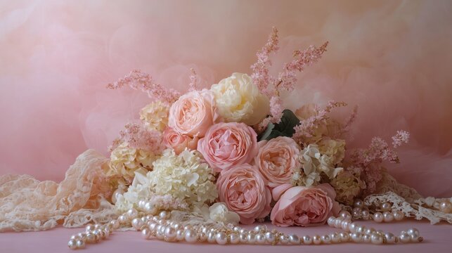 Elegant vintage floral arrangement with pearls and lace on soft pink background