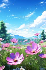 Fototapeta premium Vibrant pink cosmos flowers in full bloom against clear blue sky, bathed in sunlight. Perfect for spring themes, nature lovers, garden enthusiasts, wallpaper. Captures essence of wildflower meadows.