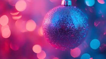 Close-up of a Christmas tree ornament against a neon background with a bokeh effect.