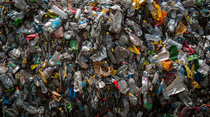 Plastic bottles and containers pile up in a recycling facility, underscoring the urgent need for better waste management and environmental awareness, illuminated by sunlight