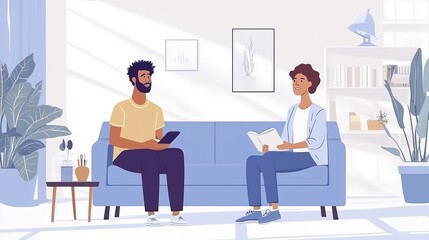Illustration of Two Friends Having a Cozy Conversation on a Sofa in a Stylish Living Room Setting