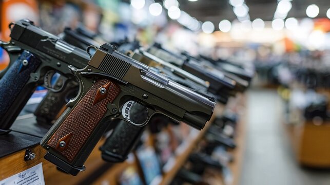 A row of handguns displayed on a shelf in a gun store.