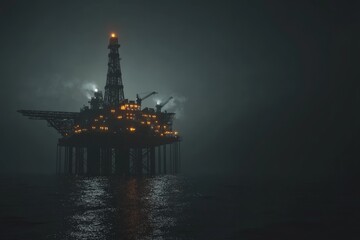 Obraz premium Mysterious offshore oil rig illuminated at night against moody dark ocean backdrop