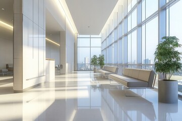 A clean, modern hospital outpatient waiting area with minimalist seating, large windows letting in natural light and soft ambient lighting.