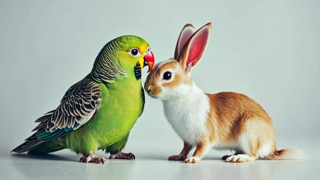 Rabbit with a friendly group of animals, including a parrot and a chihuahua, on a plain white background, studio lighting