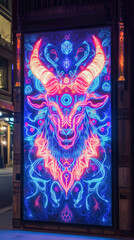 Obraz premium Vibrant neon artwork of a goat with occult symbols, illuminating a city street at night