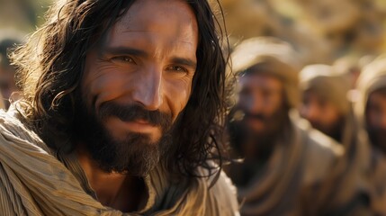 Portrait of a Smiling Jesus Christ with Long Hair in Traditional Robe Showing Joyful Expression in Historical Setting