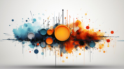 Abstract artwork with vibrant splashes of orange, blue, and black circular shapes