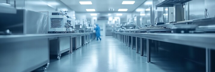 Fototapeta premium A large industrial kitchen with a person in a blue suit walking through it