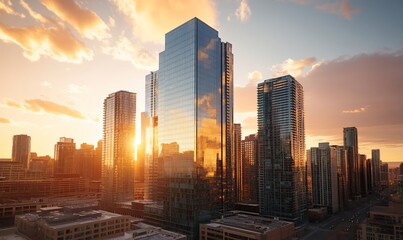 Fototapeta premium A panoramic view of a modern city skyline at sunset. The sun is setting behind the skyscrapers, casting a warm glow on the city.