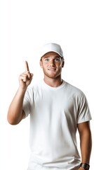 Naklejka premium Cinematic Realistic Portrait of a Man in White T-shirt and Cap Pointing Upward