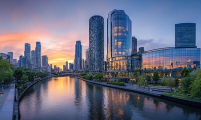 Naklejka premium A panoramic view of a modern city skyline with tall buildings reflecting in a river at sunset.