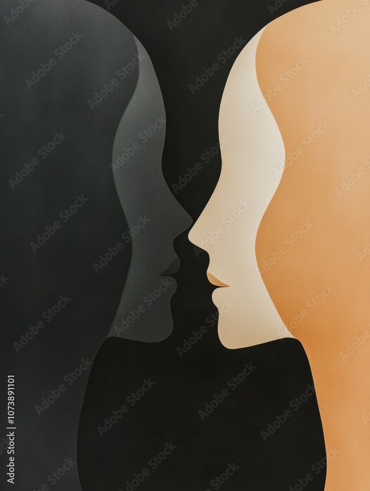Leinwandbilder two abstract silhouettes in soft pastel colors interact, symbolizing the essence of communication an