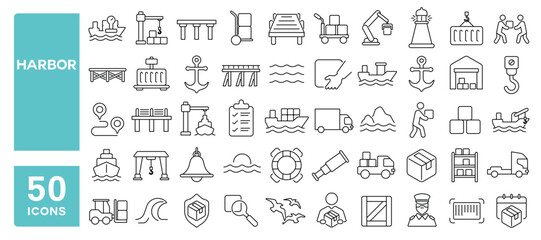 Set of 50 line icons related to harbor, port, sea, container, crane, logistic, goods, wharf, ship, boat, Editable stroke. Vector illustration