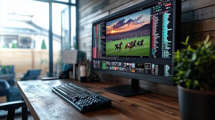 Modern Workspace Featuring a Computer Monitor Displaying Horse Racing Betting Interface