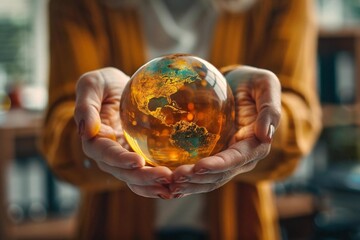 Closeup photo of female Caucasian hands holding a crystal ball in the office on both sides