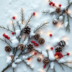 Christmas or autumn composition thuja twigs cones in the snow physalis top view flat lay copy space...