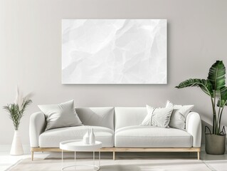 Modern Minimalistic Living Room Interior With White Sofa, Abstract Art, and Indoor Plants