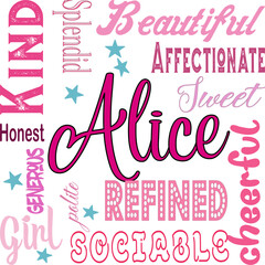 Alice - written proper name surrounded by adjectives. modern vector graphics - quarcode style - pink color - ideal for sublimation, cards,		