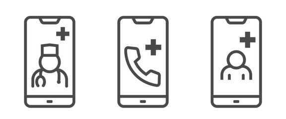 Digital healthcare line icons. Medical assistance and medical consultation in smartphone. Isolated vector images in simple style