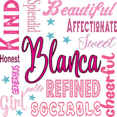 Blanca  - written proper name surrounded by adjectives. modern vector graphics - quarcode style - pink color - ideal for sublimation, cards,	