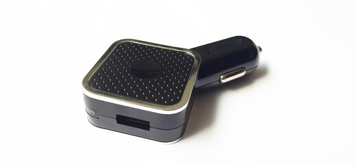 Dual port usb car charger isolated on white background. Fast charger for mobile phone