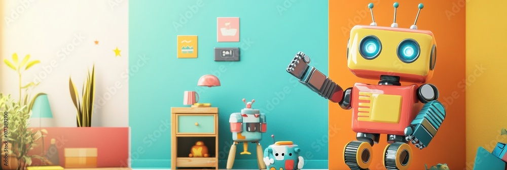 Aufkleber In a vibrant children's room, cheerful robot assistants interact with colorful toys, creating a fun and inviting environment. Generative AI