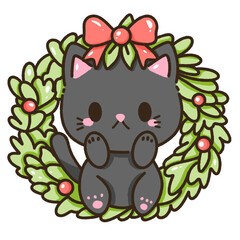 A black cat with a christmas wreath Christmas Hand drawn doodle illustration kawaii cute cat. Pet cartoon character. Kitten Collection of design elements invitation greeting card