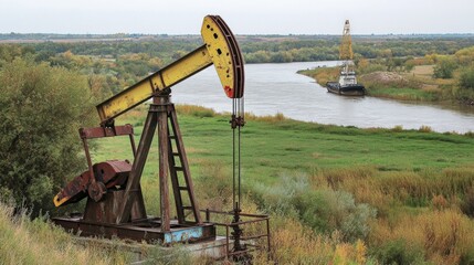 Rustic oil pumpjack by river in lush countryside landscape