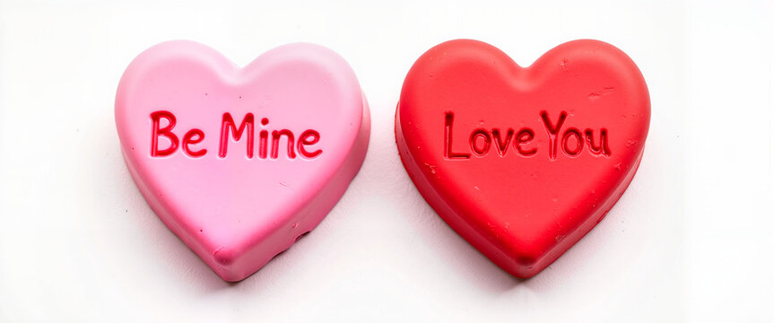 Decorative candy hearts with messages on a white background