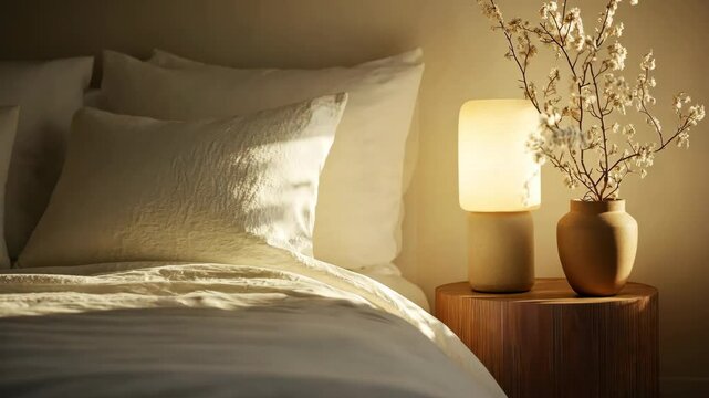 A cozy minimalist bedroom design with fresh white bedding, a stylish bedside table, and a ceramic lamp soft illumination. The simplicity of the space promotes relaxation and tranquility.