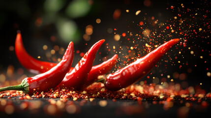 Vibrant red chili peppers bursting with flavor and spice against a dark backdrop, showcasing culinary possibilities and heat
