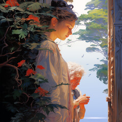 Young woman standing beside an elderly man surrounded by lush greenery
