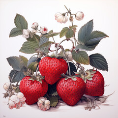 Realistic watercolor illustration of ripe strawberries with leaves and blossoms