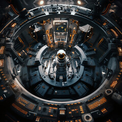 Astronaut in a high-tech futuristic spacecraft control room
