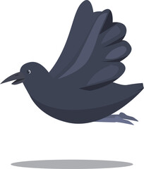 Illustration of a black crow flying with wide open wings, open beak and visible claws, casting a shadow