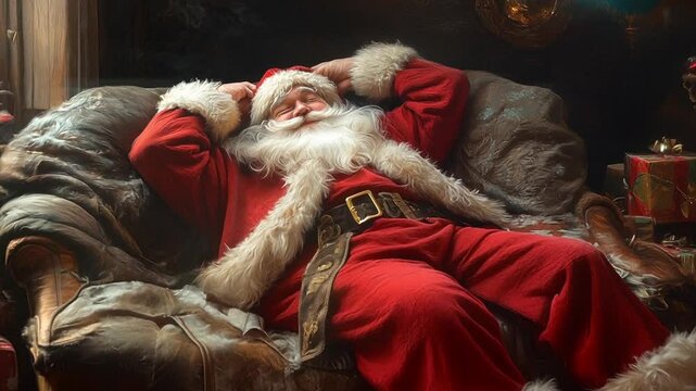 Pushing towards Santa Claus passed out in a leather chair after a long night of delivering presents on Christmas.