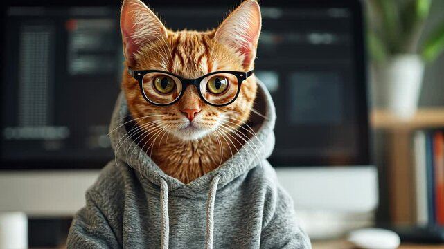 ginger cat in glasses and gray hoodie in front of a computer on a light office background stock minimalist photo